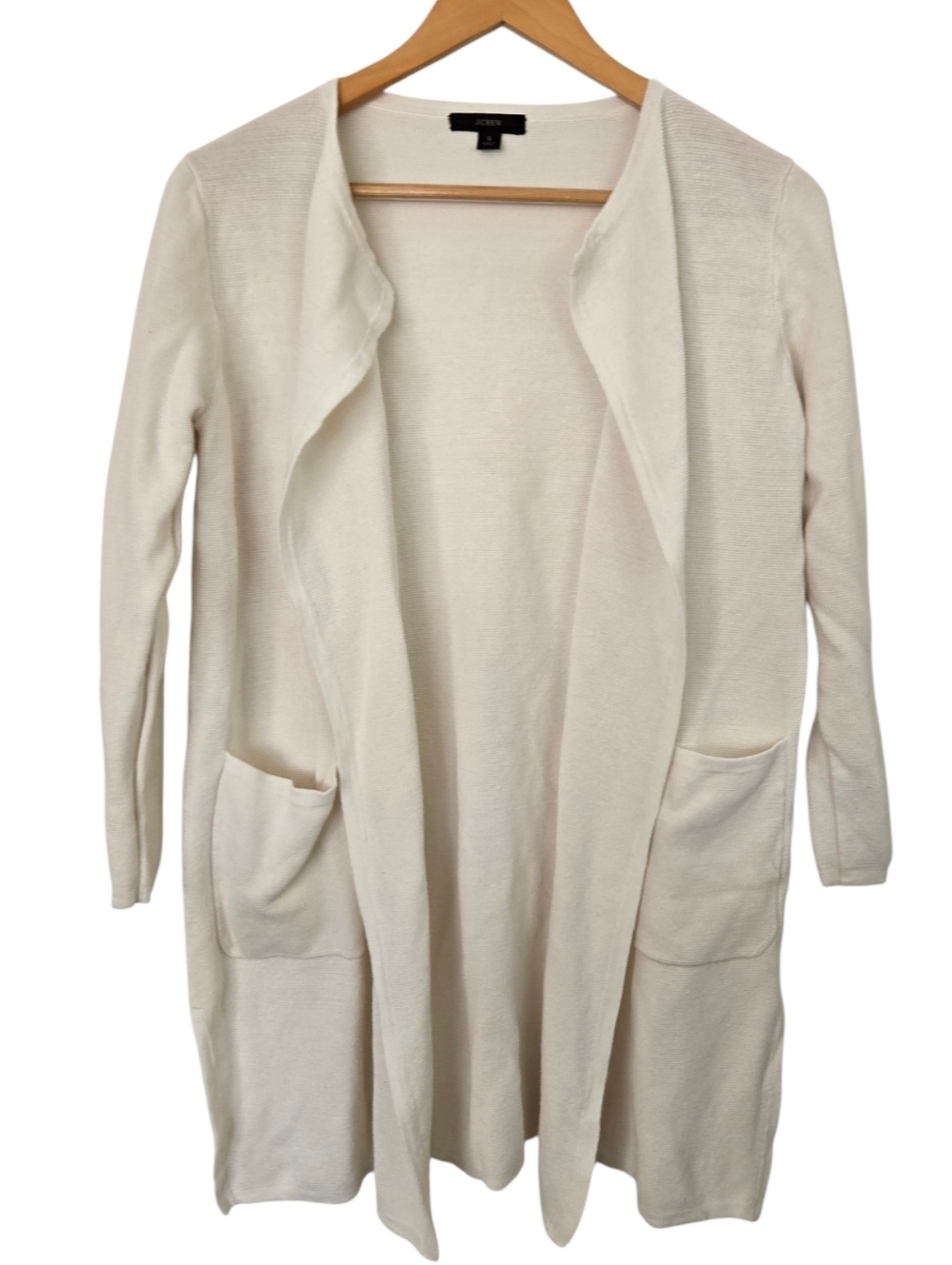 J.Crew Cream Open Front Cardigan Long Lightweight Knit Pocket Sweater